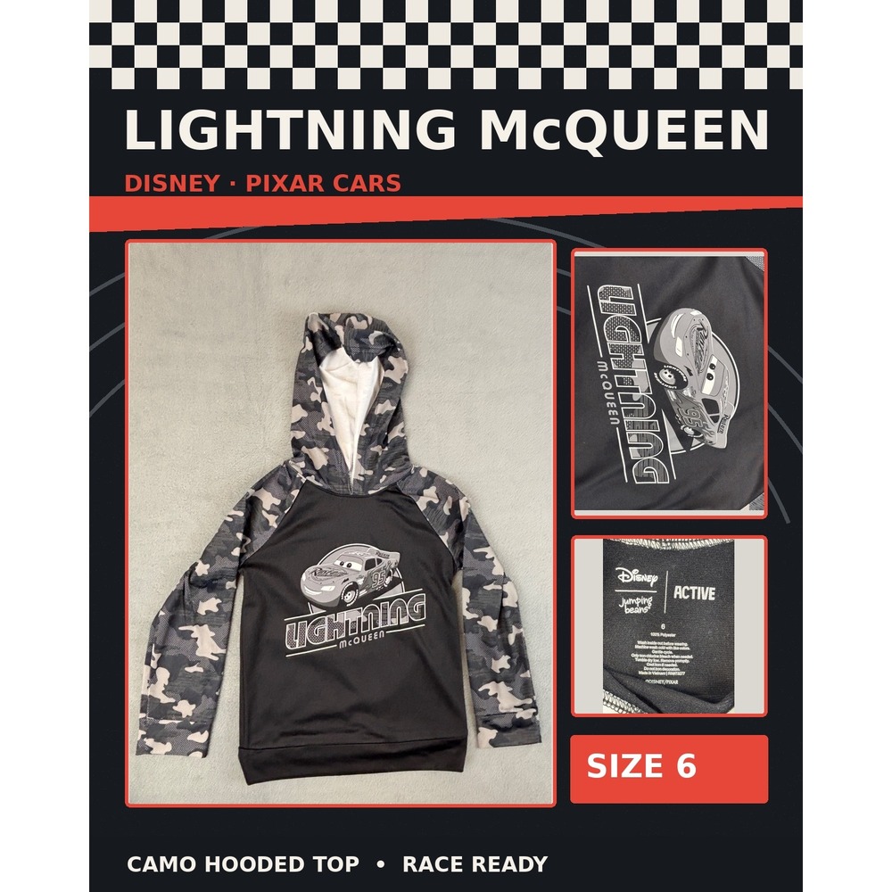 Disney Jumping Beans Cars Lightning McQueen Camo Hoodie Kids Size 6 Black Grey